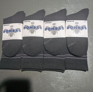 Bombas Men's Crew Athletic Socks in Black with Gray Stripes - Pack of 4 Size L
